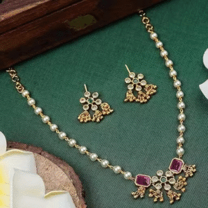 Traditional Gold-Plated Pearl Necklace Set with Ruby Stones & Earrings