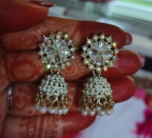 Red Stone Studded Floral Jhumka Earrings with Beads photo review
