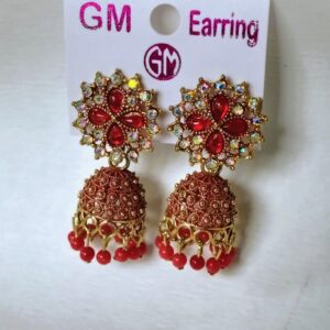 Red Stone Studded Floral Jhumka Earrings with Beads