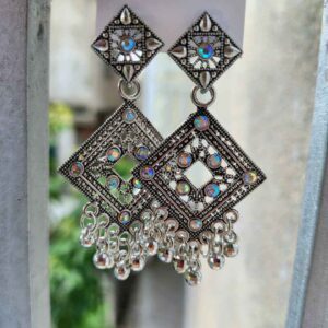 Oxidized Silver Square Drop Earrings with Mirror Work & Beads