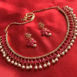 Elegant Ruby Stone & Pearl Choker Necklace Set with Matching Earrings