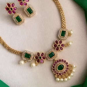 Floral Green & Red Stone Necklace Set, Lightweight Gold Finish Pearl Drop Jewellery.