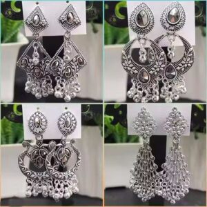 Combo of 4 Pair New Latest Design Drop & Dangles Hoop Jhumki Oxidised Silver Earrings for women/girls