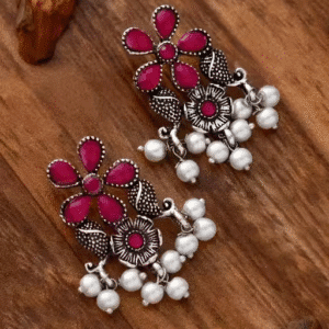 Red stone studded Oxidised Earrings with hanging Pearl | Brass Chandbali Earrings for women & Girls | Perfect Jewellery Gift Set for Girls & Women