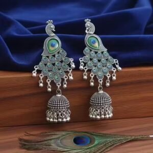Peacock Design Silver Jhumka